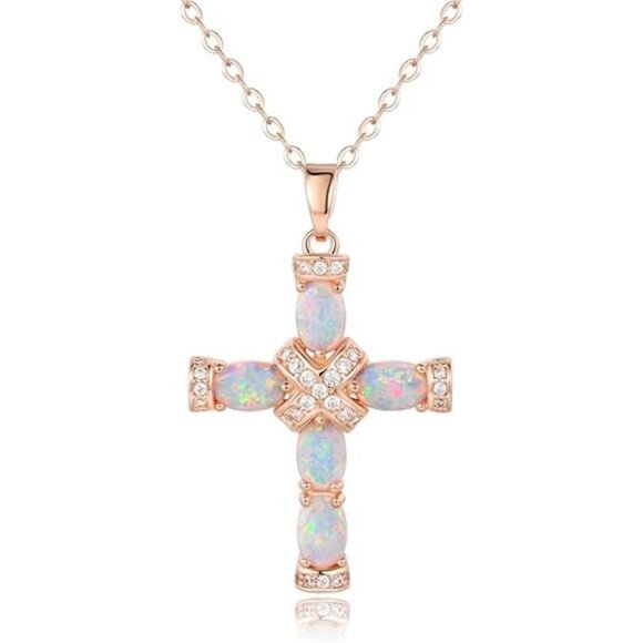 Gold Plated Opal Cross Necklace 18K Religious Pendant Jewelry Gift for Women - Picture 6 of 6